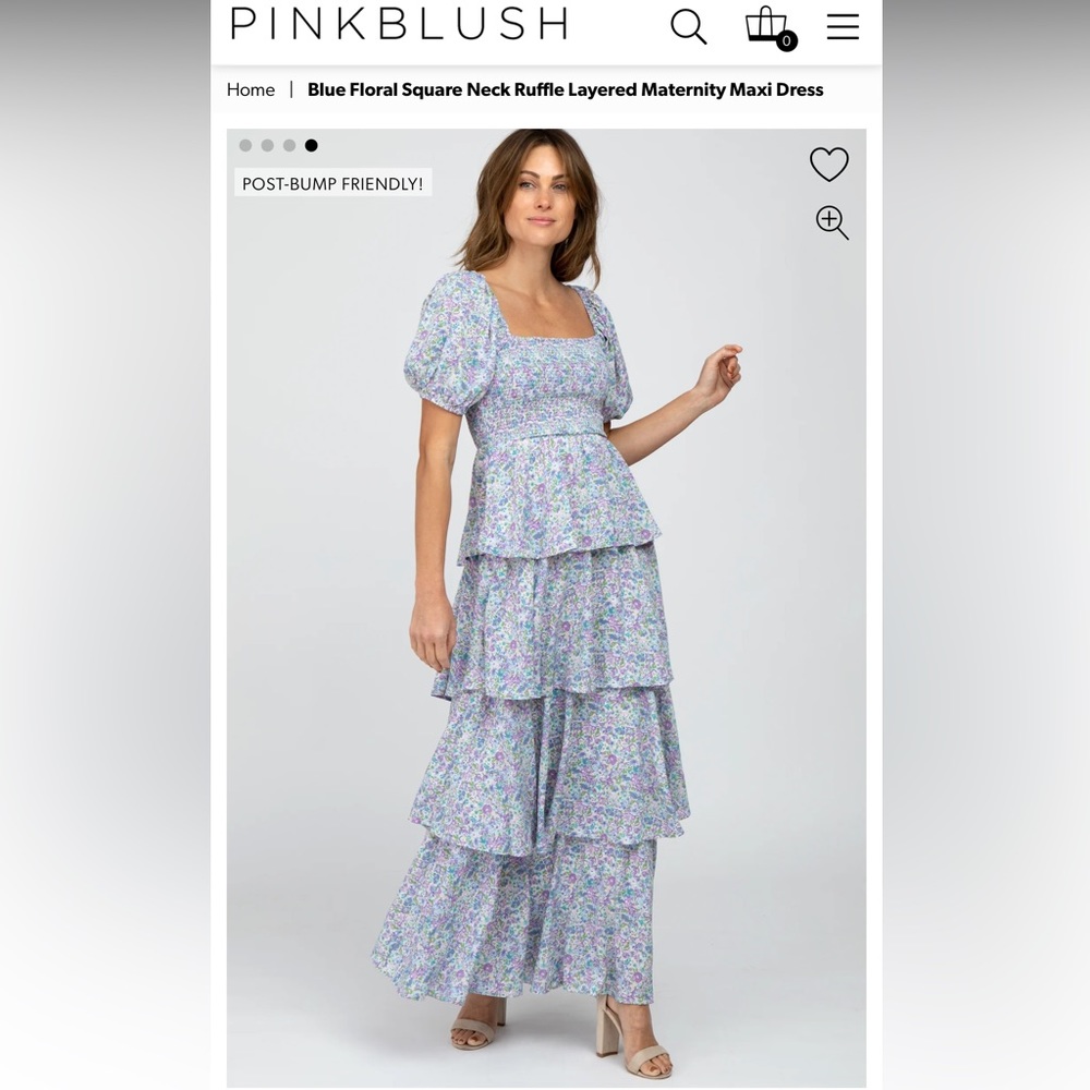 Pink Blush blue and purple floral tiered maternity dress.